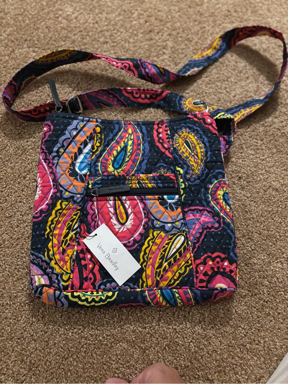 Vera Bradley Navy Paisley Quilted Crossbody with Pink, Yellow & Orange Accents